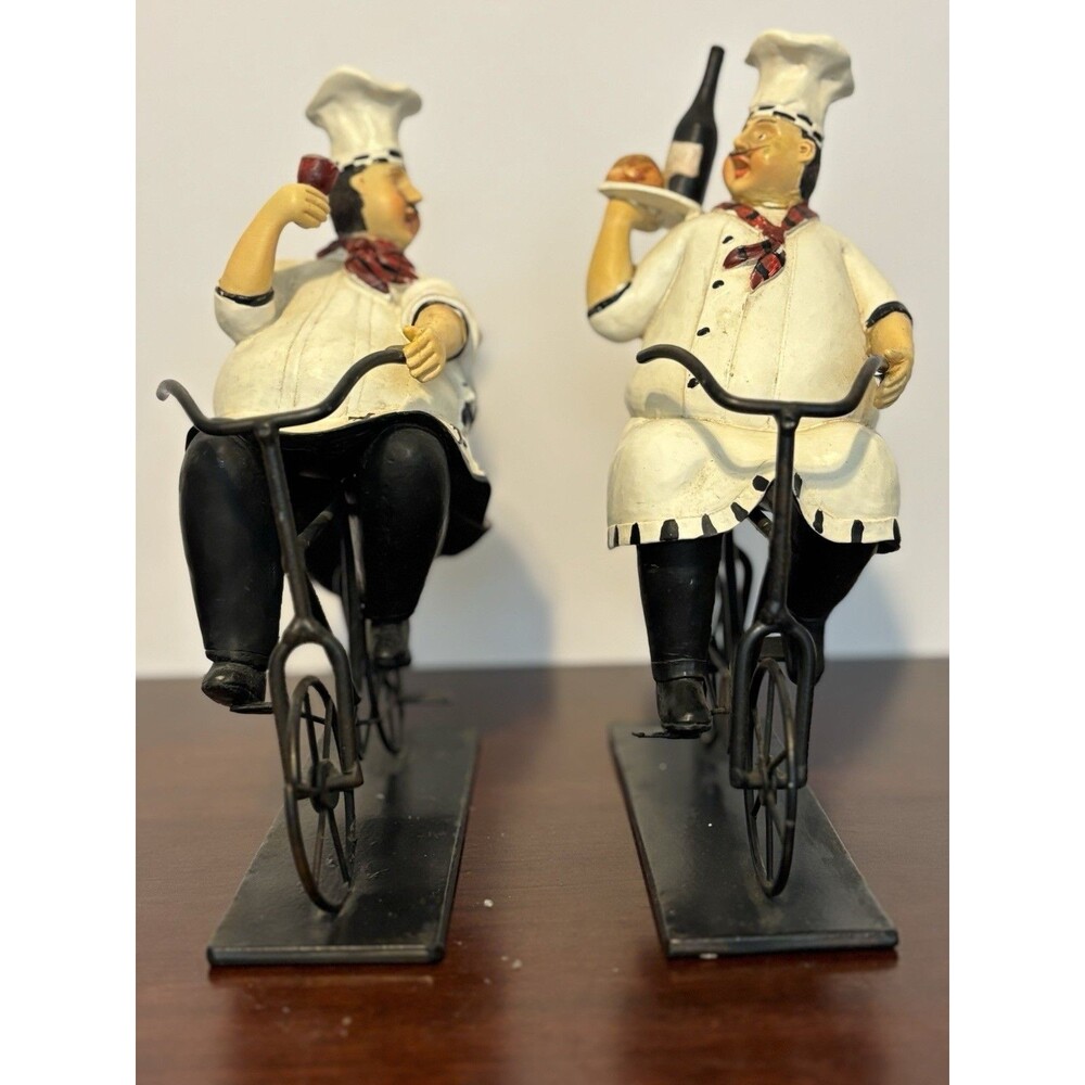Two Kitchen chefs riding bicycles carrying wine bottle Whimsical Decorative